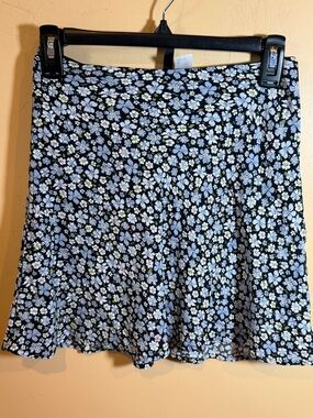 Divided Black Circle Skirt with Blue & White Floral Print
